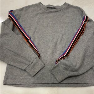 Zara Women’s Gray Cotton Blend Thin Crewneck Sweater with Striped Belts Attached